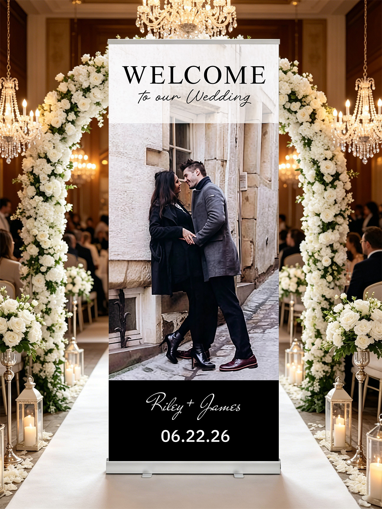 Customized wedding retractable banners - personalized photo wedding welcome signs, reception decorations and background curtains